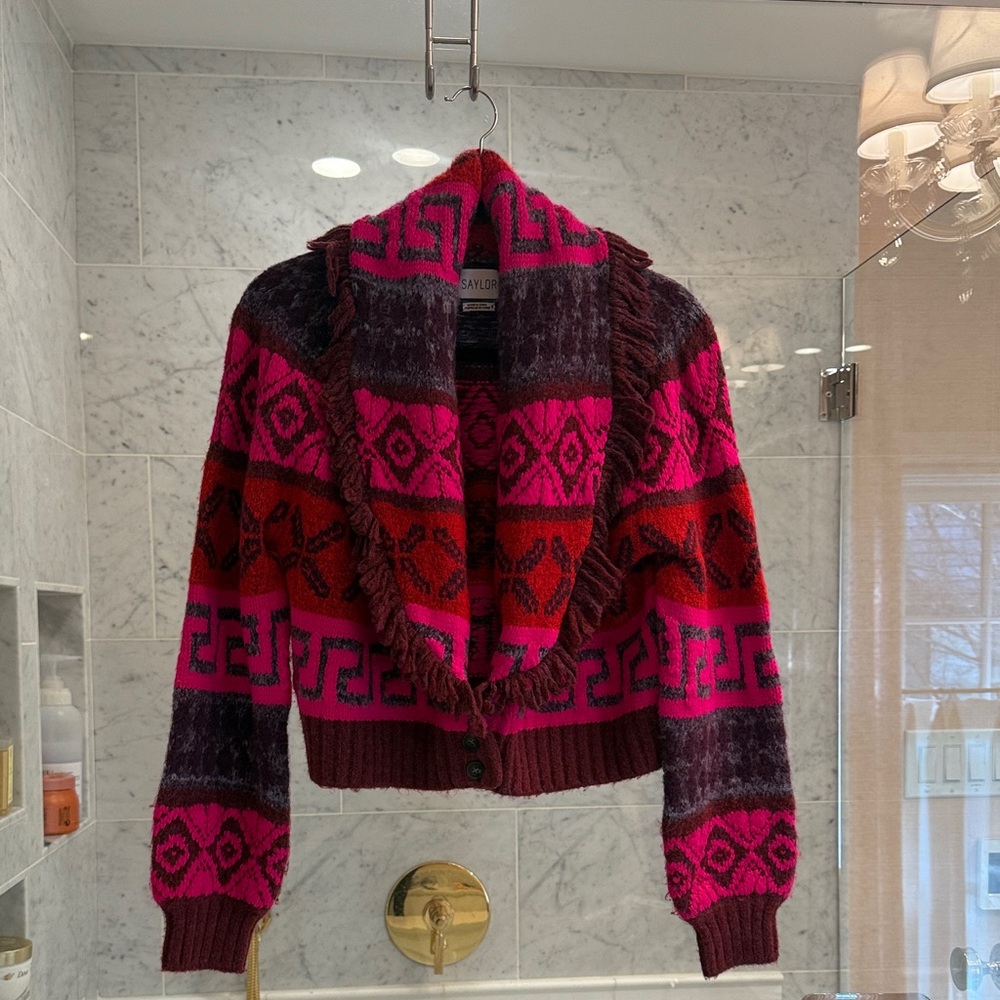 SAYLOR Aztec shawl geometric sweater cardigan Medium